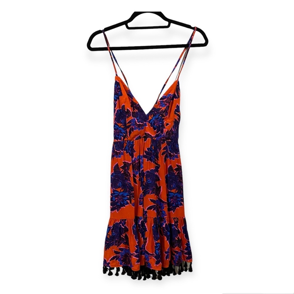 Lovers + Friends Tassel Fringe Floral Mini Dress Lace Up Straps Orange Small